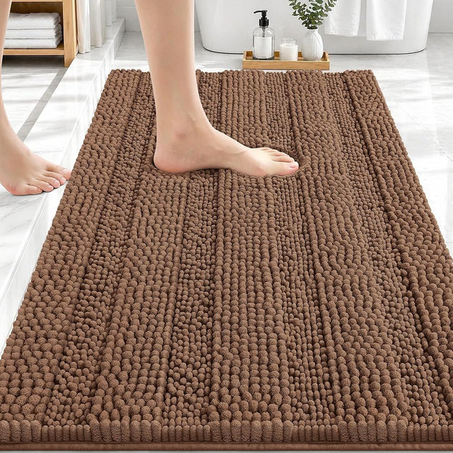 OLANLY Thick Bathroom Rugs 30x20, Extra Soft Absorbent Chenille Striped Bath Rugs, Rubber Backing, Machine Wash Dry, Bath Mats for Bathroom Floor, Tub and Shower, Home Decor Accessories, Mocha