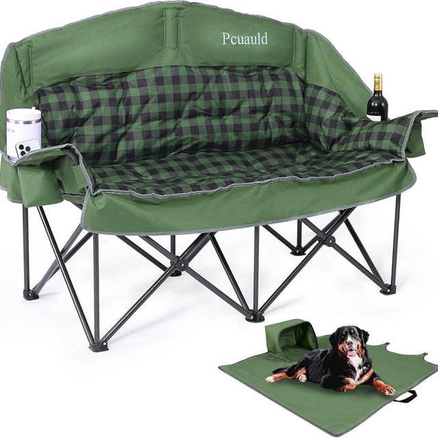Pcuauld Double Camping Chair Padded Loveseat for Adults, Oversized 2 Person Camp Couch with 2 in 1 Carry Bag, Heavy Duty Folding Outdoor Sofa with Cup Holders for Lawn Beach Tailgating, Green