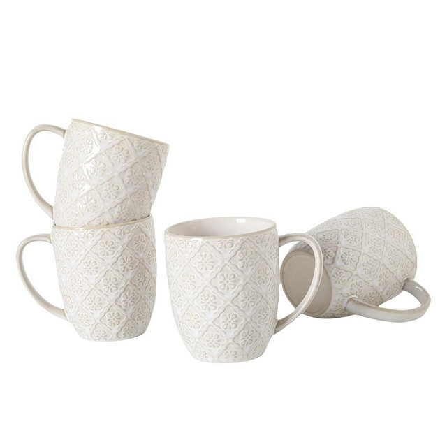 16OZ Ceramic Embossed Coffee Mugs Set, Large White Coffee Cups with Handles, Porcelain Mug Sets with Patterns for Milk, Tea, Latte, Cocoa, Mocha, Cappuccino, Dishwasher Safe, Cups Set Gift (4PCS)