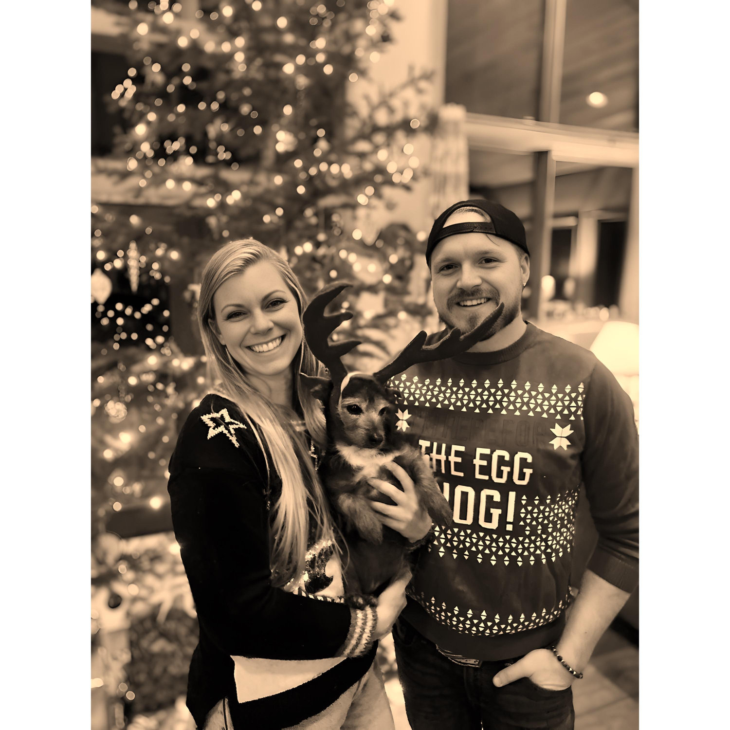 Kyle making it clear with his ugly sweater that he was only "here for the Eggnog," during our first Christmas!