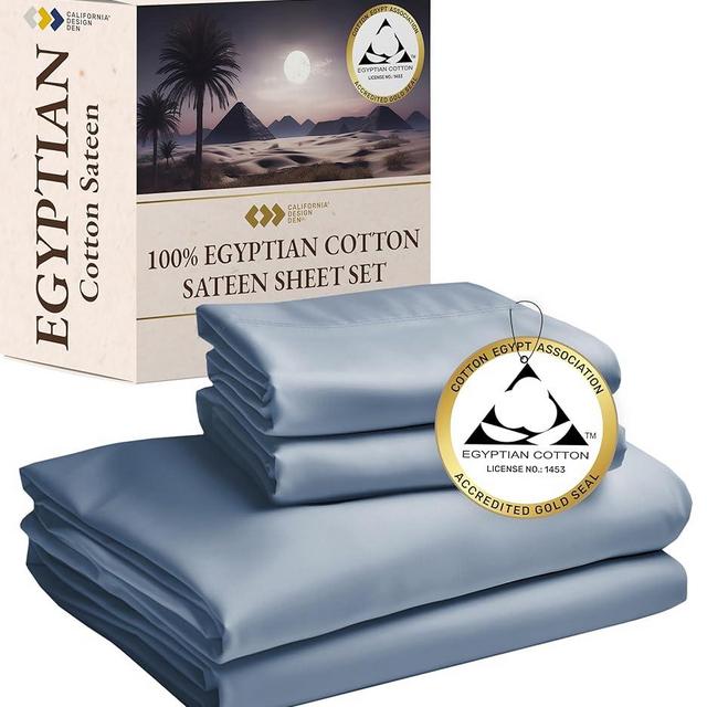 California Design Den Certified Luxury 100% Egyptian Cotton Sheets, Queen Sheets Set, Deep Pocket Bed Sheets Set, Sateen Cooling Sheets for Hot Sleepers, Egyptian Cotton Sheets Queen Blue