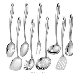 304 Stainless Steel Kitchen Utensil Set - 9 PCS Serving Utensils, Cooking Utensil, Solid Spoon, Slotted Spoon, Fork, Spatula, Ladle, Skimmer Spoon, Slotted Spatula Tunner, Spaghetti Spoon, Large Spoon