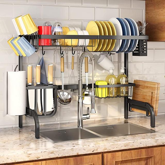 SAYZH Over the Sink Dish Drying Rack 2 Tier Width Adjustable (25.5"~33.5") Dish Rack with Utensil Holder Kitchen Drainer Countertop Organizer Black