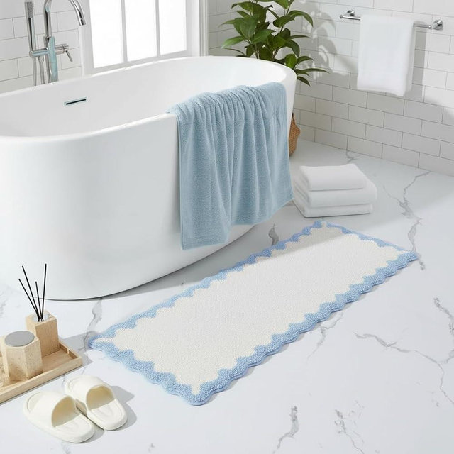 Coastal Decor Cute Blue Scalloped Bathroom Mat, Fun Plush Luxury Microfiber Bath Rug Aesthetic Washable Bath Mat Non-Slip for Bathroom, Tub, Floor Carpet, Sink, Shower, Extra Soft, Absorbent, 47x18