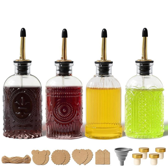 RACOBOT Oil Dispenser for Kitchen, 4 Pack 7 Fl Oz Glass Olive Oil Bottle, Classic Oil and Vinegar Bottles Set with Stainless Steel Spout & Tags, Clear Cooking Soy Sauce Dispensers for Vinegar, Sauce