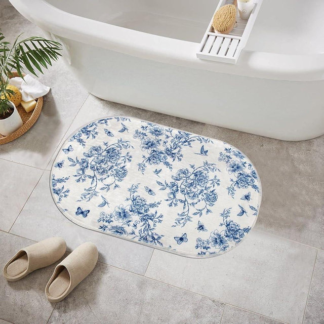 Blue Floral Chinoiserie Bath Mats for Bathroom Blue and White Flower Vintage Rug for Room Decor (31x20inch, Flower and Birds)