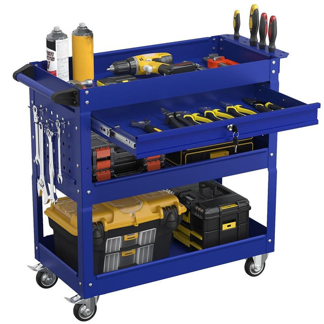 Granper 3 Tier Rolling Tool Cart with Drawers, Heavy Duty Utility Cart on Wheels, Large Storage Capability Service Cart for Garage, Warehouse and Repair Shop (Deep Blue)