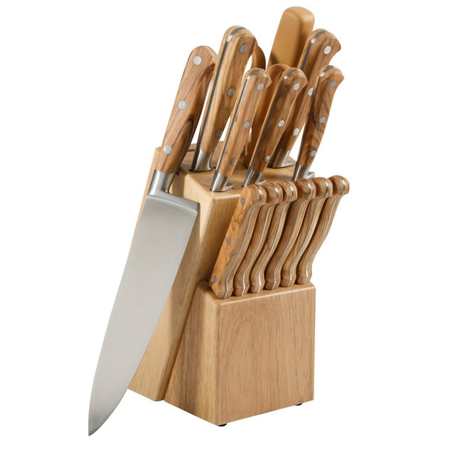 Martha Stewart 15 Piece Austenwood German Stainless Steel Cutlery Kitchen Knife Block Set W/ Italian Olive Wood Forged Handle