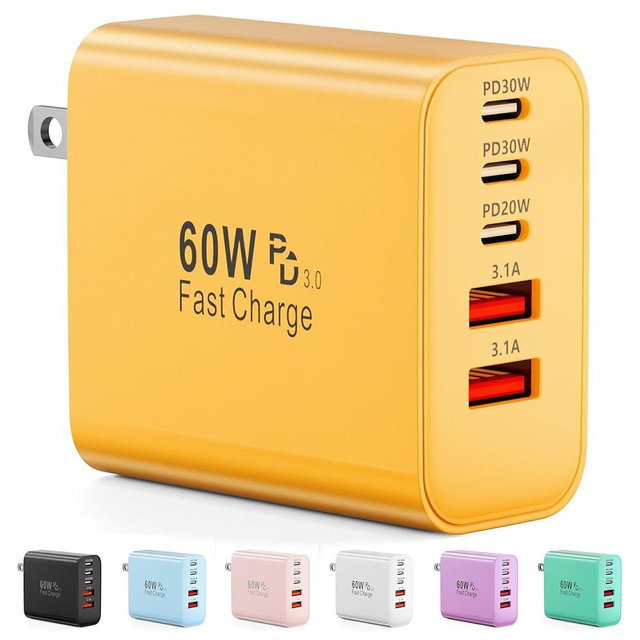 USB C Charger Block, 60W 5-Port Type C Charger Fast Charging Block, USBC USB Multiple Port Wall Charger Plug Adapter for iPhone 17/Air/16/15/14/13/12/11 Pro Max, Samsung Galaxy, iPad, Tablet (Yellow)