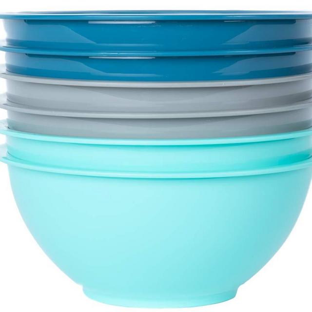 Klickpick Home 10 Inch Plastic Bowls Set of 6 - 64 ounce (2 Liter) Capacity Extra Large Cereal Salad Serving Mixing Bowl Microwave Dishwasher Safe Soup Bowls - BPA Free Bowls 3 Coastal Colors