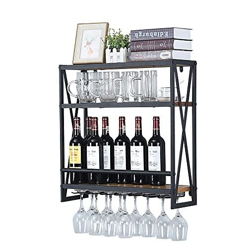 Industrial Wine Racks Wall Mounted with 6 Stem Glass Holder,23.6in Rustic Metal Hanging Wine Holder Wine Accessories,3-Tiers Wall Mount Bottle Holder Glass Rack,Wood Shelves Wall Shelf(Black)