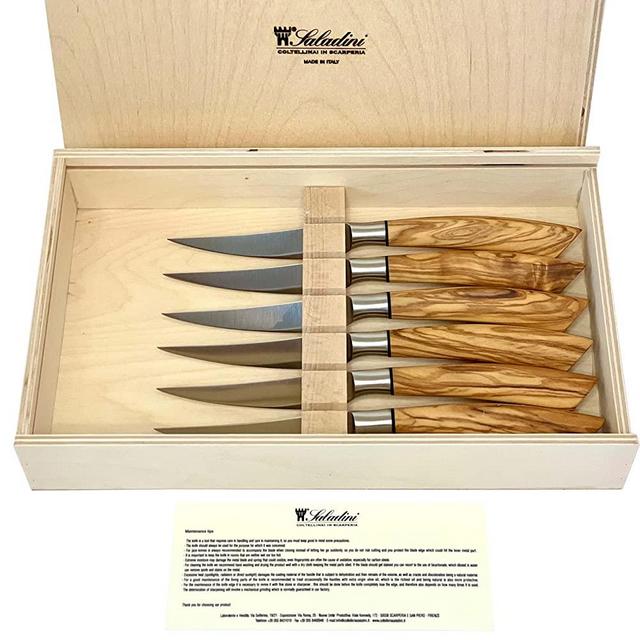 Coltelleria Saladini Stainless Steel 6-Piece Steak Knife with Olive Wood Handle Set, 4-Inches