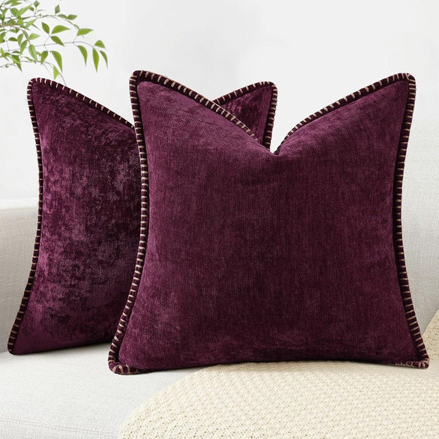 decorUhome Chenille Soft Throw Pillow Covers 18x18 Set of 2, Farmhouse Velvet Decorative Pillow Covers with Stitched Edge for Couch Sofa Bed, Rhododendron
