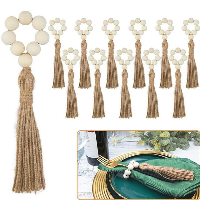 VIOZZAS Napkin Rings Set of 12, Wood Bead Garland with Tassels Farmhouse Beads Rustic Country Decor Prayer Beads Wall Hanging Decor Napkin Rings Weddings Home Decor (12PCS)