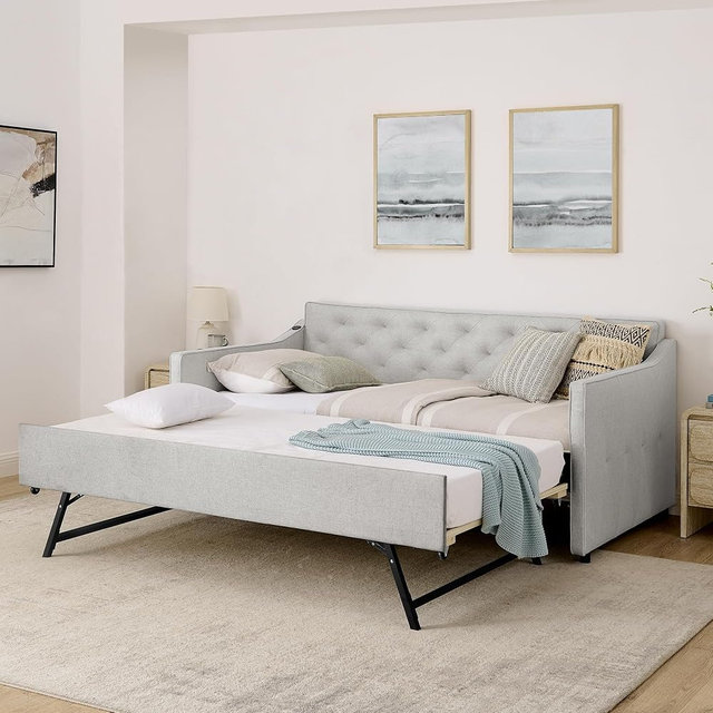 KEIKI Twin Size Upholstery Daybed with Pop-up Trundle & USB Charging Design, Twin to King Design Extendable Velvet Sofa Bed, Easy Assembly, No Box Spring Required, for Living Room & Bedroom, Beige