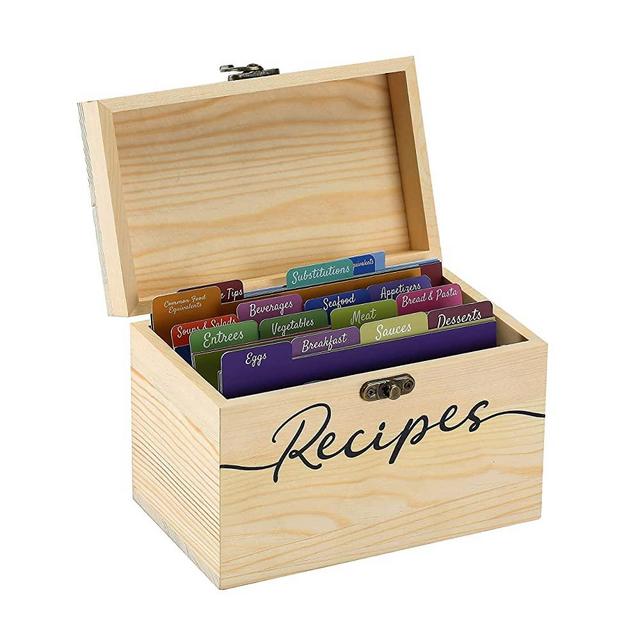 Stress Junkie Wooden Recipe Box with 4x6 Index Cards Set - Natural Wood Card HolderOrganizer with Journal Cards & Dividers for Family Own Recipes