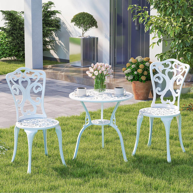 Costway 3 PCS Patio Bistro Set with Umbrella Holes Outdoor Bistro Set for Front Porch White