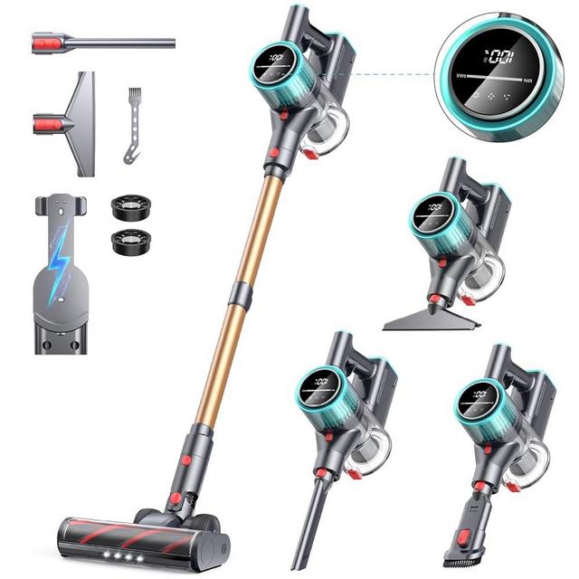 Powerffy Cordless Vacuum Cleaner, 550W/45Kpa Cordless Stick Vacuum with LED Display, Max 60min Runtime Self-Standing Lightweight Vacuum Cleaner for Home Carpet Pet Hair and Hardfloor