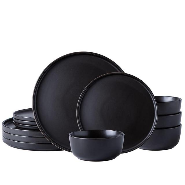 AmorArc Stoneware Dinnerware Sets of 4,Reactive Ceramic Plates and Bowls Set,Highly Chip and Crack Resistant | Dishwasher & Microwave Safe | Round Dishes Set Service for 4 (12pc)-Matte Black