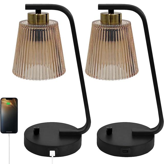 Bedside Table Lamps Set of 2, Amber Glass Lamps for Bedroom with USB Port, Vintage Brown Industrial Dimmable Farmhouse for Nightstand Living Room, 2×LED Bulbs Included