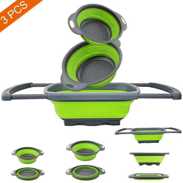 EigPluy Kitchen Collapsible Colander Over The Sink Kitchen Colander Strainer With Extendable Handles 6 Quart Folding Strainer for Draining Fruit,Pasta,Vegetable(3 packs)