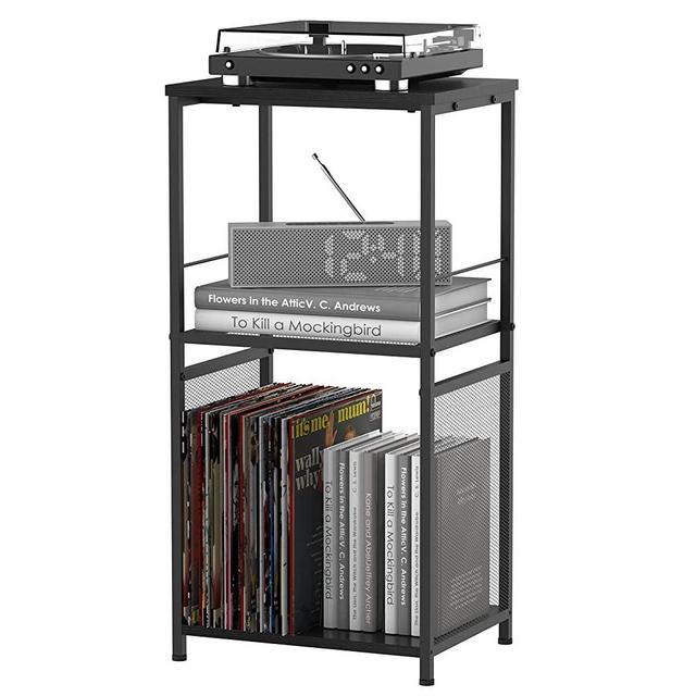 CADUKE Vinyl Record Stand 3 Tier Record Player Stand with Storage Turntable Stand with Shelf Black Record Player Table Industrial Vinyl Record Player Display Stand for Living Room Bedroom
