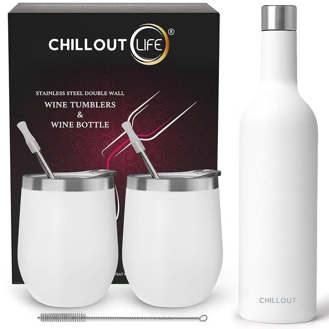 CHILLOUT LIFE 12 oz Stainless Steel Wine Tumblers 2 Pack & 1 Insulated Wine Bottle - Double Wall Vacuum Insulated Wine Glasses Cups with Lids and Straws Set Keeping Cold & Hot Gift Set