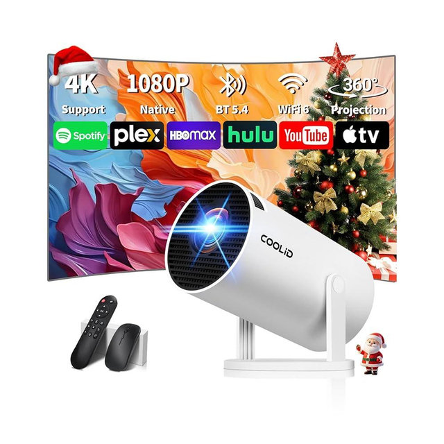 [Built-in Apps & 2025 Upgraded] Mini Projector Support 4K 1080P Auto Keystone 270° Rotatable with WiFi 6 and Bluetooth 5.4, Projector Portable Compatibile with HDMI/TV Stick/Memory Stick/Laptop-White