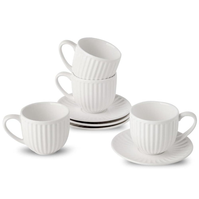 Hasense Ceramic Cappuccino Cups and Saucers - 8 Oz, Large Ribbed Latte Cups Set of 4 for Coffee,Tea,Latte and Macchiato, Demitasse Cups Set Aesthetic Gifty, White