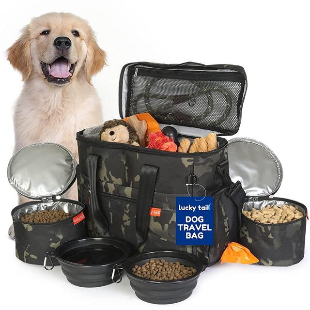 Dog Travel Bag for Supplies by Lucky Tail - Includes Pet Travel Bag Organizer for Accessories, 2 Travel Dog Bowls, 2 Travel Dog Food Container - Ideal Dog Travel Kit for Overnight or Weekend Away