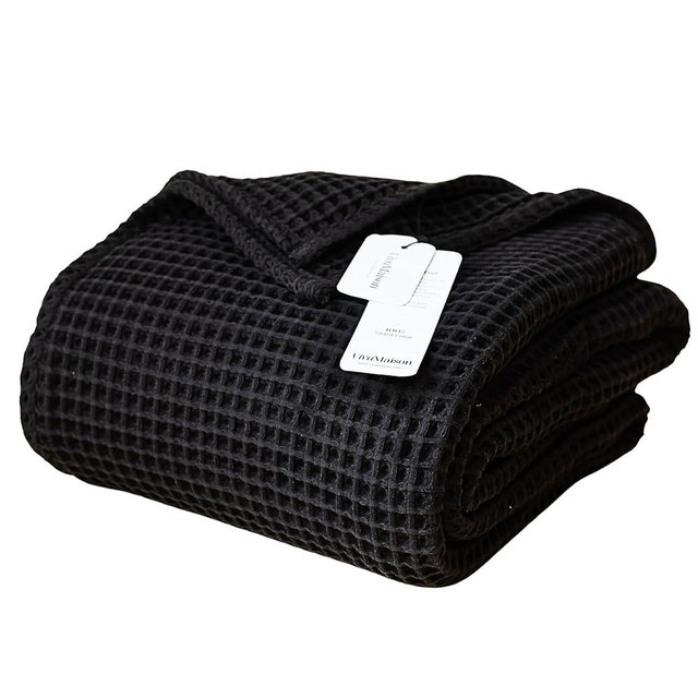 Viva Maison Premium Waffle Throw Blanket Queen Size Black - Luxury, Pure 100% Turkish Cotton, Light and Airy Waffle Weave All-Season Quilt - Lux Decorative Bedspread (Black, Queen 91" x 95" Inch)