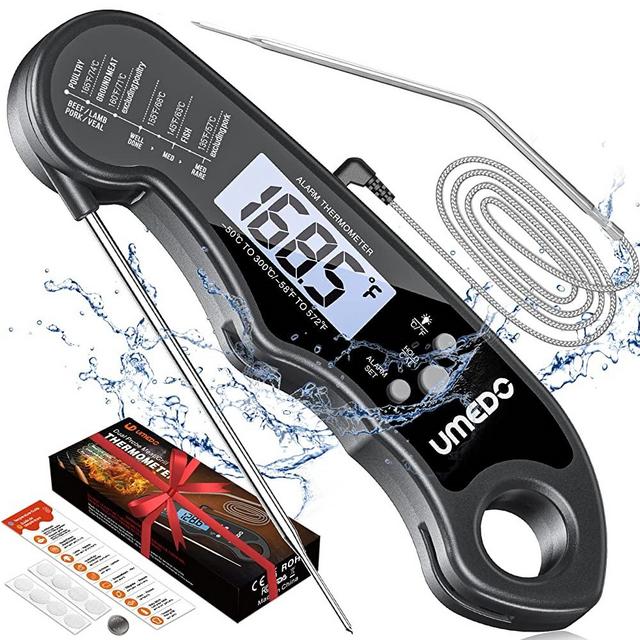 Digital Meat Thermometer, Umedo 2 in 1 Waterproof Instant Read Food Thermometer, Alarm Set, Backlight, Cal, Temp Chart, Cooking Thermometer for Grilling, BBQ, Baking, Candy, Liquid, Deep Fry