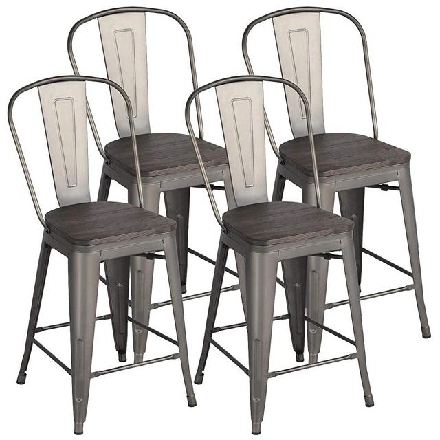 Yaheetech 24Inch Seat Height Tolix Style Dining Stools Chairs with Wood Seat/Top and High Backrest, Industrial Metal Counter Height Stool, Modern Kitchen Dining Bar Chairs Rustic, Gun