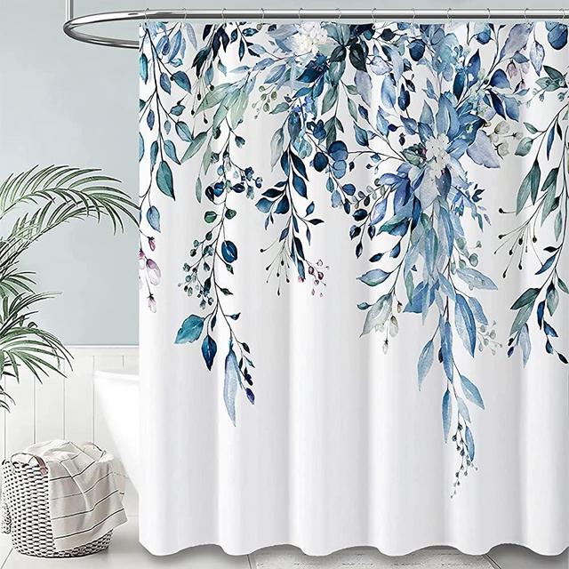 BTTN Eucalyptus Plant Shower Curtain, Linen Textured Botanical Heavy Duty Fabric Shower Curtain Set with Plastic Hooks, Watercolor Leaves with Floral Decorative Curtains for Bathroom, 72x72, Blue