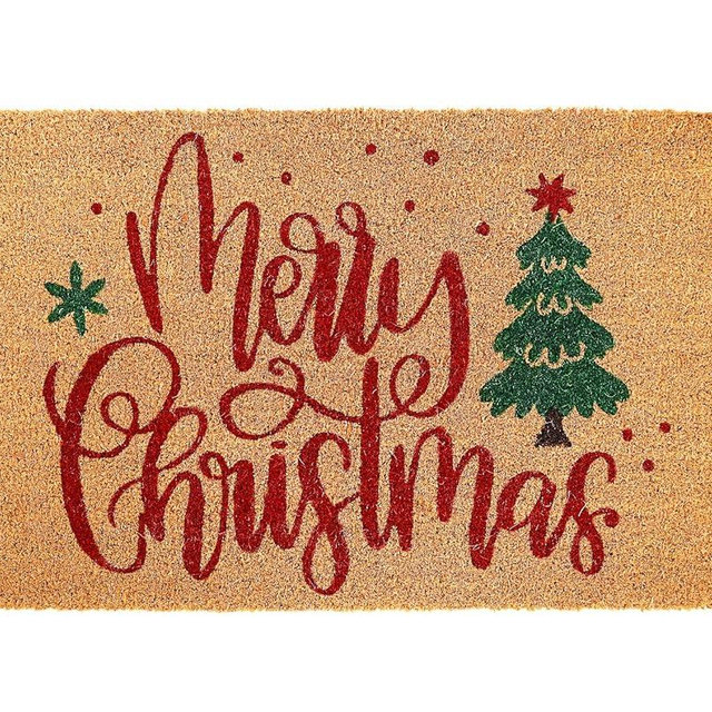 Whaline Merry Christmas Door Mats Natural Coir Doormat Non-Slip Floor Printed Xmas Tree for Christmas Indoor Outdoor Bathroom Porch Decoration, 17 x 29 Inch