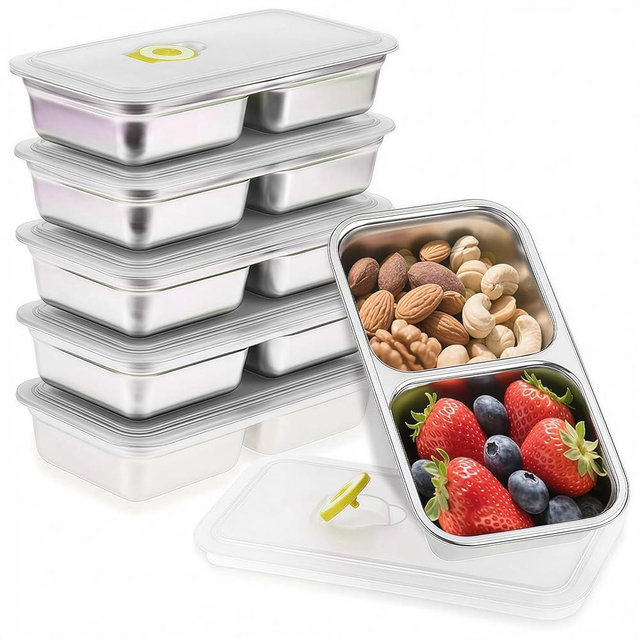 BSTUR Stainless Steel Snack Containers, 6-Pack Reusable Grab and Go Containers with Lids, Dual Compartment Bento Box for Travel, Camping & Lunch Prep (Yellow)