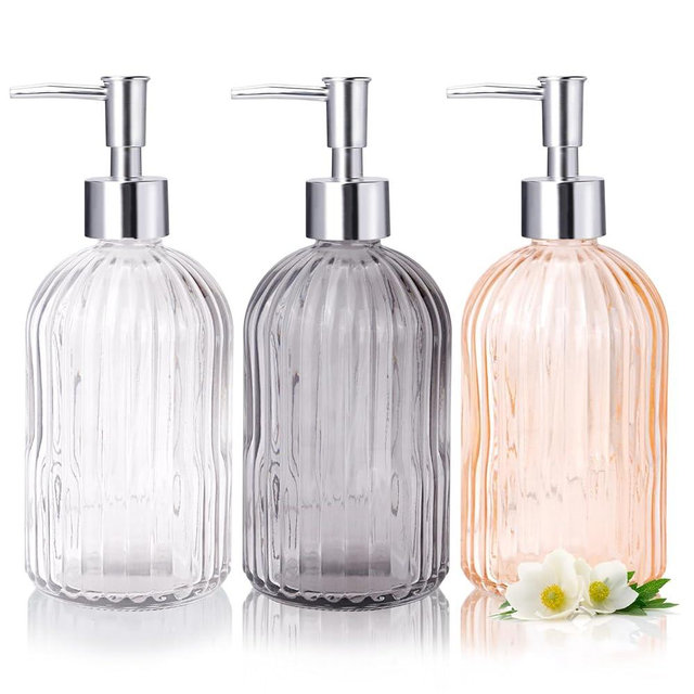 RETON 3 Pack Soap Dispenser Set, 14 Oz Clear Glass Soap Dispenser with Rust Proof Plastic Pump, Refillable Liquid Hand Soap Dispenser, Bathroom Soap Dispenser for Kitchen Countertop (3 Colors)