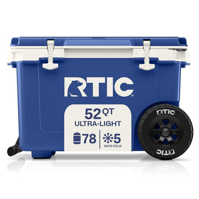 RTIC 52 Quart Ultra-Light Wheeled Hard Cooler Insulated Portable Ice Chest Box for Beach, Drink, Beverage, Camping, Picnic, Fishing, Boat, Barbecue, 30% Lighter Than Rotomolded Coolers