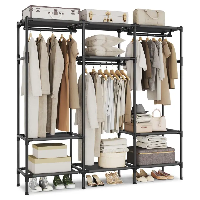 SONGMICS Clothes Rack,72 Inch Large Capacity Portable Closet, Heavy Duty Wardrobe Closet Organizer with Hanging Rails and Shelves, Ink Black