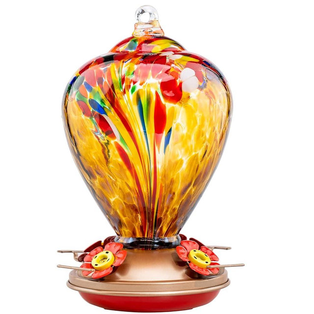 LaElvish Garden Hummingbird Feeder, 34OZ Hand Blown Glass Hummingbird Feeders for Outdoors Hanging, 4 Feeding Perch with Ant Moat Leakproof, Garden Yard Decor Gifts for Women Mom (Golden Balloon)