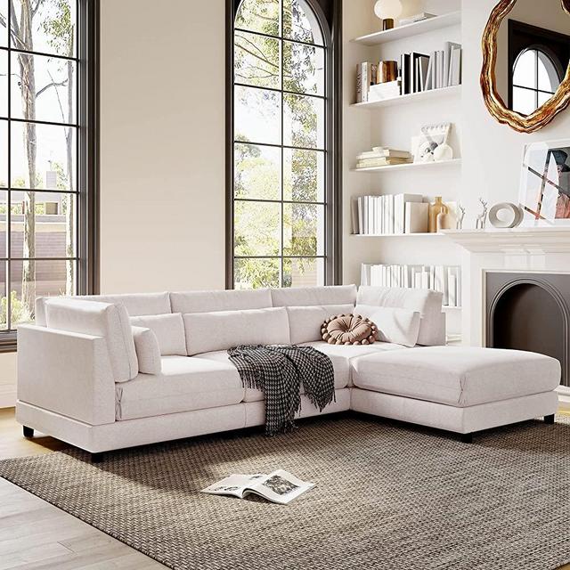 WILLIAMSPACE 110" Sectional Sofa for Living Room, L-Shaped Sofa Couch with Ottoman, Upholstered Modular Sofa with Waist Pillows - Beige