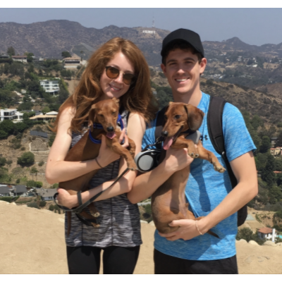 One of our first hikes in LA on top of Runyon Canyon. The pups walked about 800 meters and literally became a couple of hotdogs without the bun!