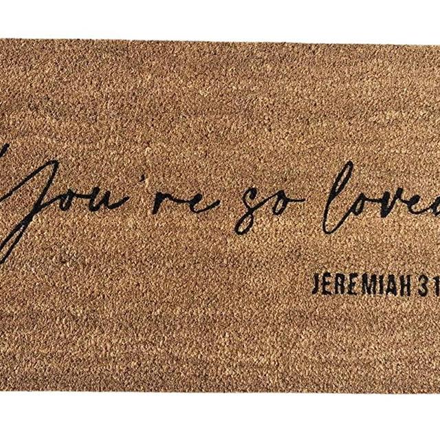 Christian Welcome mat, Reminding You That You're so Loved. 100% Natural 18 by 30 raw Coco Coir mat, Ethically sourced.