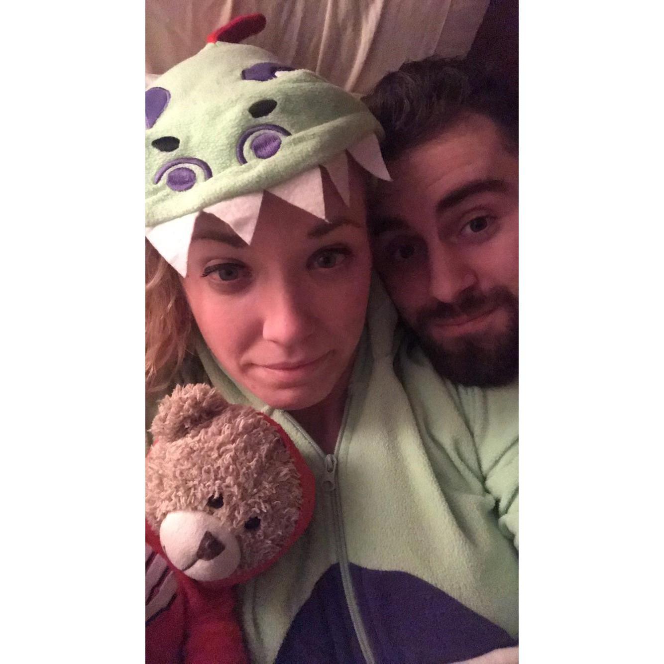 Onesie party with a guest appearance by the first gift Michael ever gave Megan. A teddy bear named Teddy. Very original.