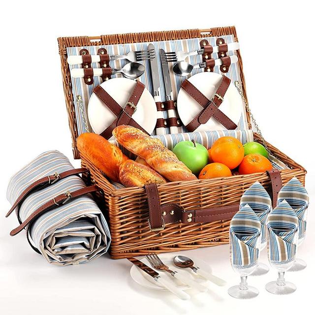 HYBDAMAI Willow Picnic Basket Set for 4 Persons with Waterproof Picnic Blanket, Wicker Picnic Basket for Camping, Outdoors, Valentine's Day, Christmas, Thanksgiving, Birthday