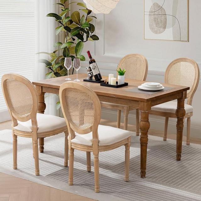 SoarTalent Rattan Back Upholstered Dining Chairs Set of 4 French Country Oval Kitchen Side Chairs with Wood Legs for Dining Room, Kitchen, Restaurant(Beige-Rattan)