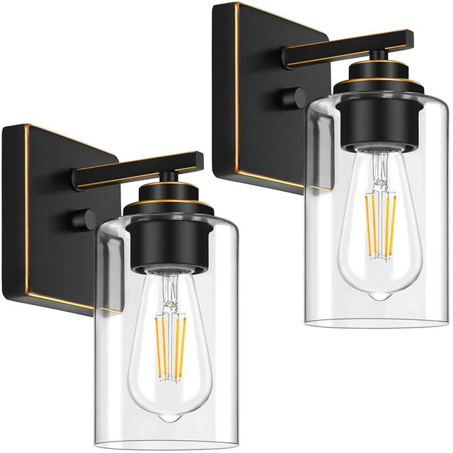 Set of 2 Wall Sconces for Bathroom, Modern Vanity Light Fixtures, Bronze Wall Mount Lighting Lanterns, Farmhouse Wall Lights with Clear Glass Shade for Bedroom Living Room Mirror Hallway Kitchen