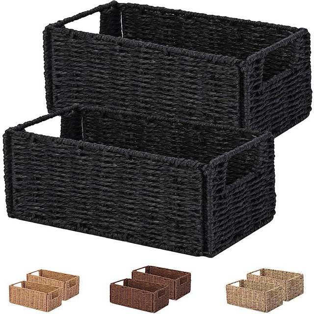 Small Wicker Storage Baskets, Vagusicc Hand-Woven Paper Rope Storage Organizer Baskets Bins (Set of 2), Toilet Paper Small Wicker Baskets with Handles for Organizing Toilet Shelves Pantry, Black