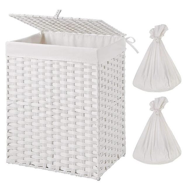 Greenstell Handwoven Laundry Hamper with 2 Removable Liner Bag, Synthetic Rattan Laundry Basket with Lid and Handles, Foldable and Easy to Install White (Standard Size)