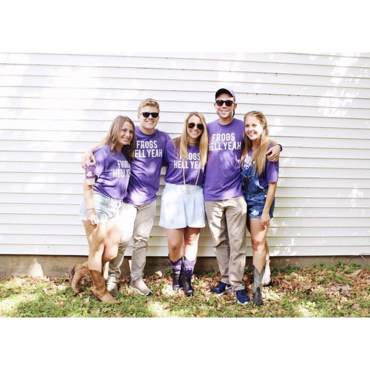 Frogs Hell Yeah!, KB and friends' apparel business, was needlessly shut down by the draconian bureaucrats at TCU, but that couldn't stop them! See them here disobeying a cease and desist order!
